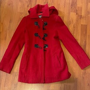 Guess Red Wool Toggle Pea Coat with Black Accents